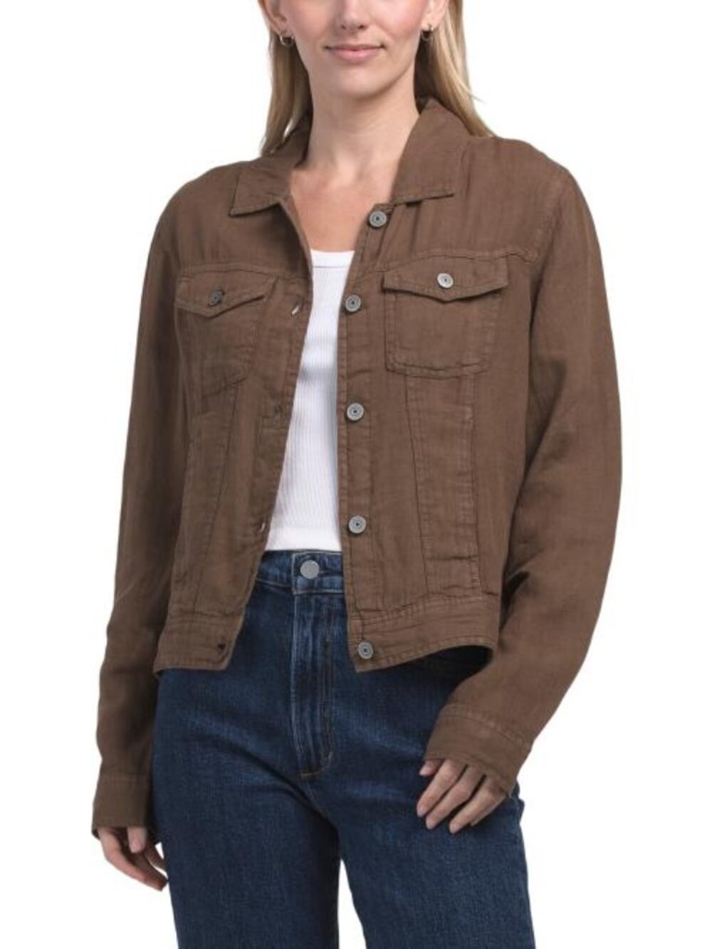 JONES & CO JONES NEW YORK Linen Jean Jacket With Metal Trims